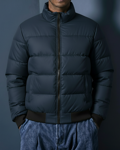 Stand Collar Puffer Jacket – Navy Blue