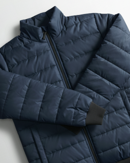 Stand Collar Puffer Jacket – Navy Blue