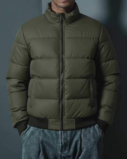 Stand Collar Puffer Jacket – Olive