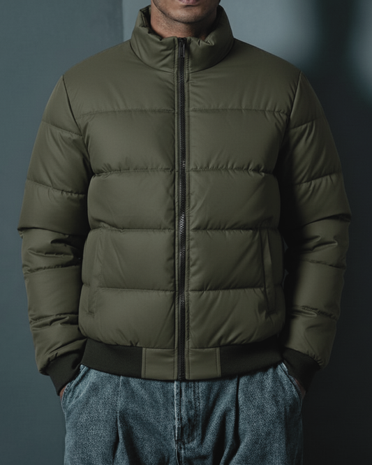Stand Collar Puffer Jacket – Olive