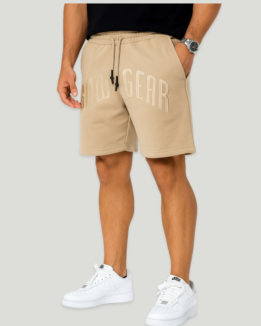 RAW GEAR Oversized Logo Shorts – Beige